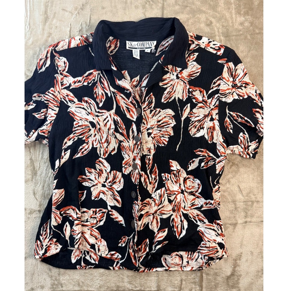 VTG SK & Company Petite Floral Button Up Blouse Coastal Resortwear Boho